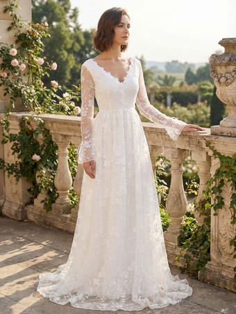 ホワイト 花柄刺繍入りマキシ丈ブライダルドレス（Vネック、長袖、ホワイト、2026年）