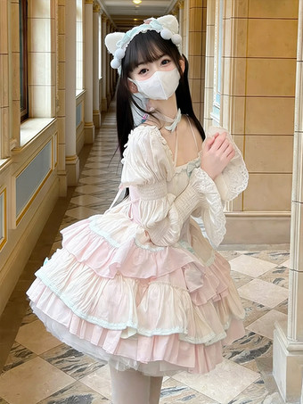 スイートロリータドレス ポリエステル ノースリーブ マルチレイヤー フリル 蝶結び スイートバレエ ロリータ Jsk