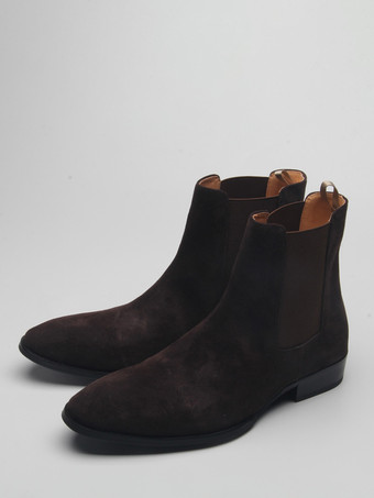 ダークブラウン スエードチェルシーブーツ メンズ ラウンドトゥ スリップオン アンクルブーツ