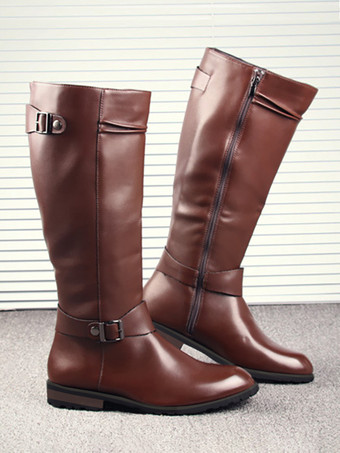 メンズ 乗馬ブーツ ブラック PU ラウンドトゥ バックルディテール ミッドカーフブーツ