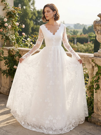 花柄刺繍入りマキシ丈ブライダルドレス（Vネック、長袖、ホワイト、2026年）