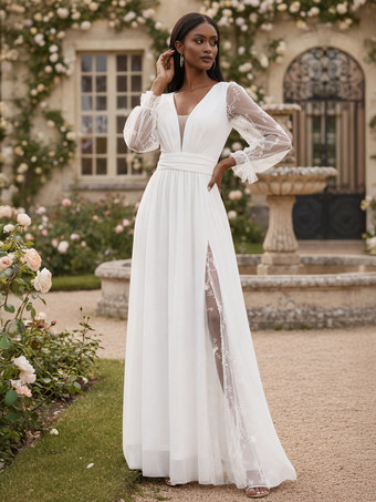 blanco Vestido de novia largo con encaje blanco escote en V profundo y mangas largas transparentes 2026