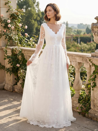 花柄刺繍入りマキシ丈ブライダルドレス（Vネック、長袖、ホワイト、2026年）