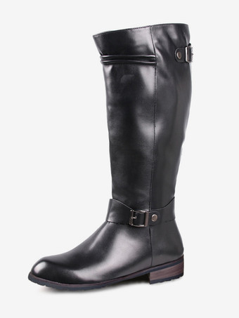 ブラック メンズ 乗馬ブーツ ブラック PU ラウンドトゥ バックルディテール ミッドカーフブーツ