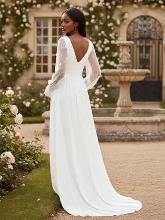 Vestido de novia largo con encaje blanco escote en V profundo y mangas largas transparentes 2026