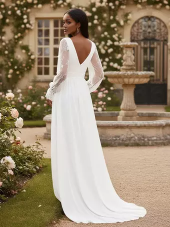 White Lace Detail Maxi Wedding Party Bridal Dress With Deep V-Neck And Sheer  Long Sleeves 2026 - Milanoo.com