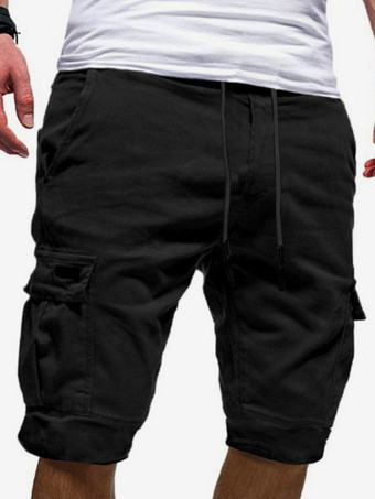 ブラック メンズ カーゴショーツ ドローストリングウエスト 夏 カジュアル アウトドア ショーツ ポケット付き