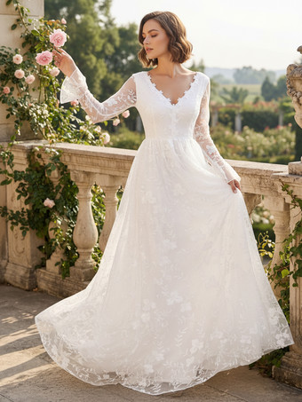 花柄刺繍入りマキシ丈ブライダルドレス（Vネック、長袖、ホワイト、2026年）