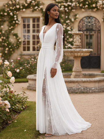 Vestido de novia largo con encaje blanco escote en V profundo y mangas largas transparentes 2026