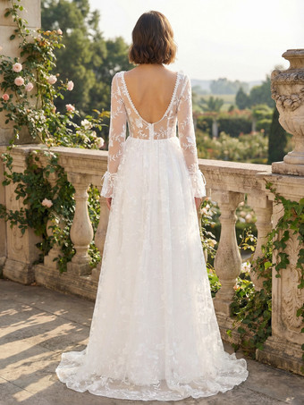 花柄刺繍入りマキシ丈ブライダルドレス（Vネック、長袖、ホワイト、2026年）