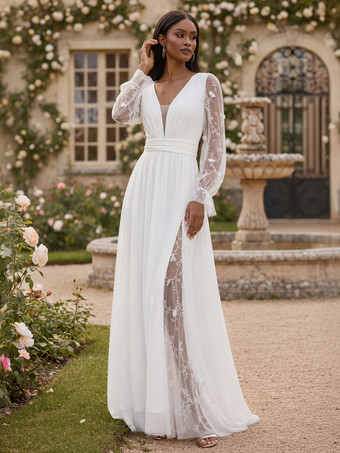 Vestido de novia largo con encaje blanco escote en V profundo y mangas largas transparentes 2026