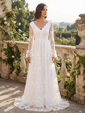 花柄刺繍入りマキシ丈ブライダルドレス（Vネック、長袖、ホワイト、2026年）