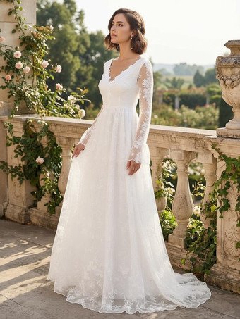 花柄刺繍入りマキシ丈ブライダルドレス（Vネック、長袖、ホワイト、2026年）