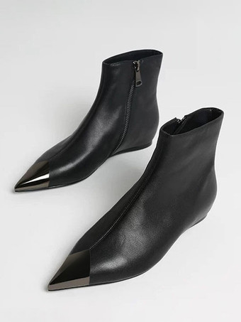 Black Black Ankle Boots Pointy Toe Flat Booties For Women 2026