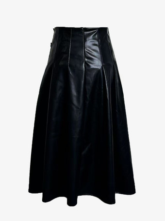 ダブルバックル付きブラックヴィンテージプリーツフェイクレザーミディスカート（レディース）2026