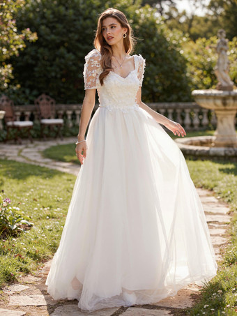 blanc Robe longue blanche trapèze à fleurs et dos nu pour mariée 2026