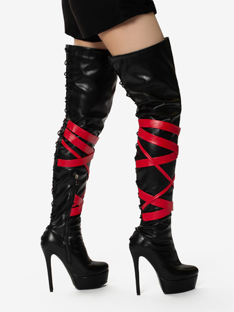 ブラックセクシーブーツ ユニセックス プラットフォーム オープントゥ ハイヒール オーバーニーブーツ