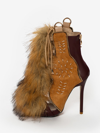 レディース グラディエーターサンダル オープントゥ バックルディテール フェイクファーディテール レースアップサンダル