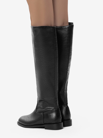 ブラック乗馬ブーツ レディース ラウンドトゥ ストーン柄 フラットニーハイブーツ