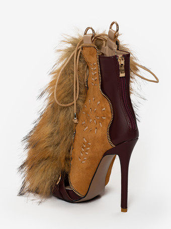 レディース グラディエーターサンダル オープントゥ バックルディテール フェイクファーディテール レースアップサンダル