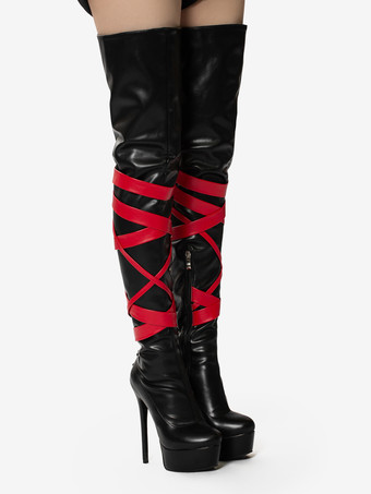 ブラックセクシーブーツ ユニセックス プラットフォーム オープントゥ ハイヒール オーバーニーブーツ