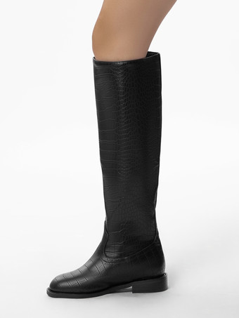 ブラック乗馬ブーツ レディース ラウンドトゥ ストーン柄 フラットニーハイブーツ