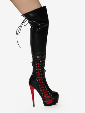 セクシーなサイハイブーツ ユニセックス プラットフォーム レースアップ ハイヒール オーバーニーブーツ