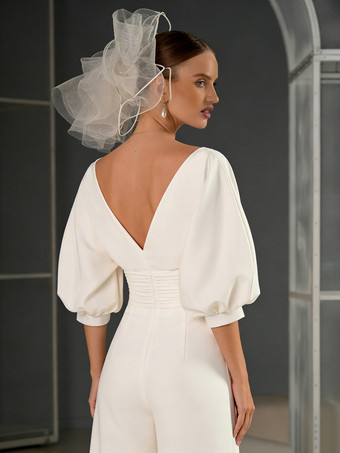 ブライダルジャンプスーツ ポリエステル プリーツ フロアレングス ジャンプスーツ Vネック ハーフスリーブ ナチュラルウエスト アイボリー