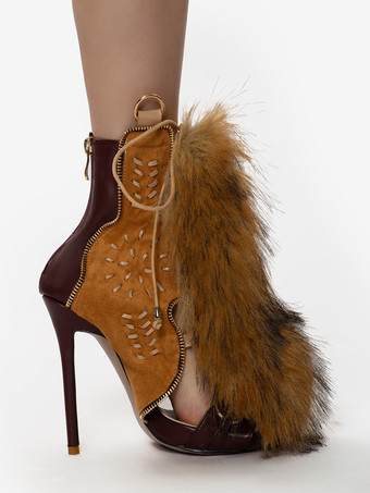 レディース グラディエーターサンダル オープントゥ バックルディテール フェイクファーディテール レースアップサンダル