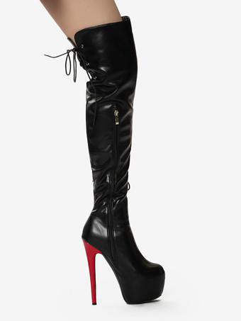 セクシーなサイハイブーツ ユニセックス プラットフォーム レースアップ ハイヒール オーバーニーブーツ