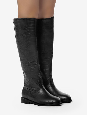 ブラック乗馬ブーツ レディース ラウンドトゥ ストーン柄 フラットニーハイブーツ