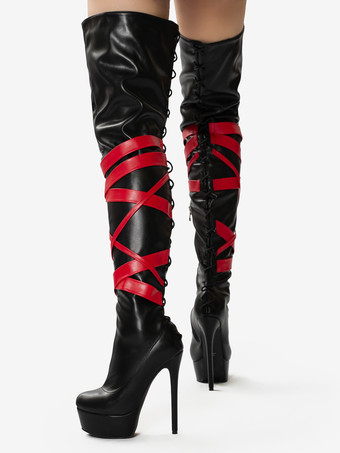 ブラックセクシーブーツ ユニセックス プラットフォーム オープントゥ ハイヒール オーバーニーブーツ