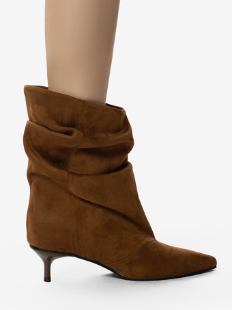 スエードアンクルブーツ ポインテッドトゥ キトンヒール スラウチブーティ