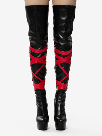 ブラックセクシーブーツ ユニセックス プラットフォーム オープントゥ ハイヒール オーバーニーブーツ