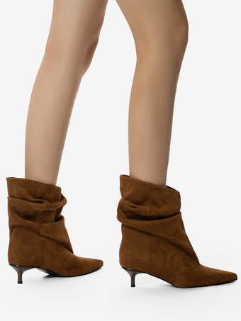 スエードアンクルブーツ ポインテッドトゥ キトンヒール スラウチブーティ