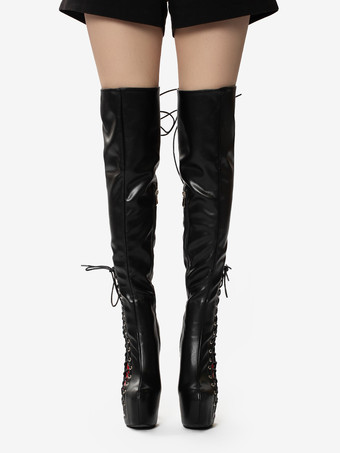 セクシーなサイハイブーツ ユニセックス プラットフォーム レースアップ ハイヒール オーバーニーブーツ