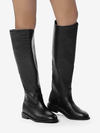 ブラック乗馬ブーツ レディース ラウンドトゥ ストーン柄 フラットニーハイブーツ