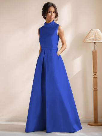 ロイヤルブルーブライダルマザードレス ジュエルネック ノースリーブ Aライン サッシュ フロアレングス ゲストドレス 結婚式用