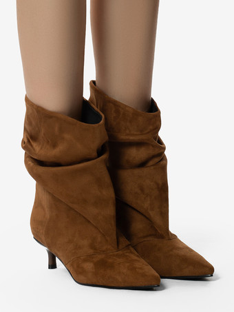 スエードアンクルブーツ ポインテッドトゥ キトンヒール スラウチブーティ
