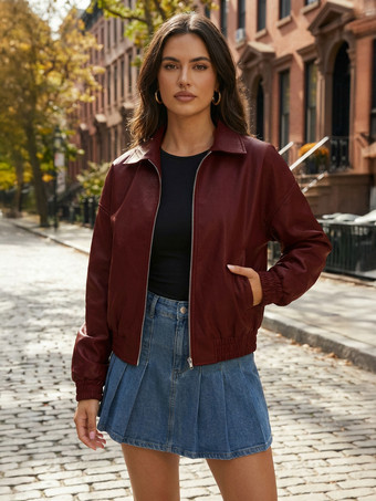 Vintage Oversized Bomberjacke aus Kunstleder mit elastischem Saum für Damen 2026