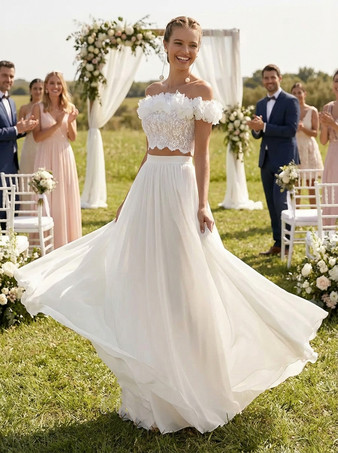 ツーピースウェディングドレス シフォンフラワー バトーネック ツーピース フロア丈 ジッパー ショートスリーブ フロア丈 ホワイト