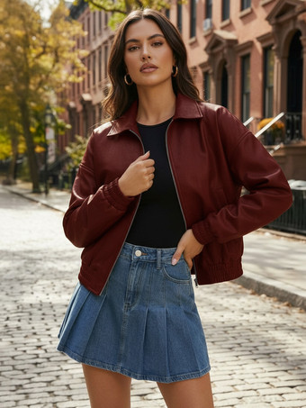 BurgunderrotVintage Oversized Bomberjacke aus Kunstleder mit elastischem Saum für Damen 2026