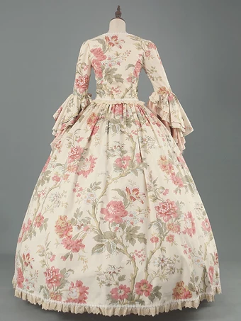 ビクトリア朝のロココ衣装花柄レースフリルポリエステルマリーアントワネットドレス