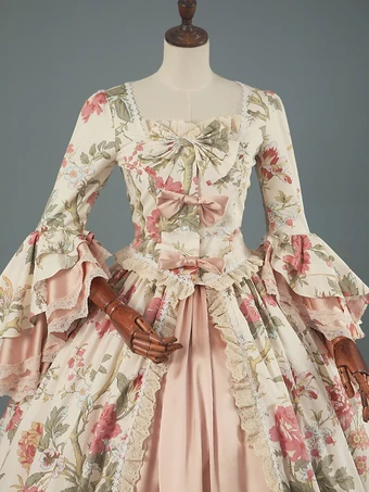 ビクトリア朝のロココ衣装花柄レースフリルポリエステルマリーアントワネットドレス