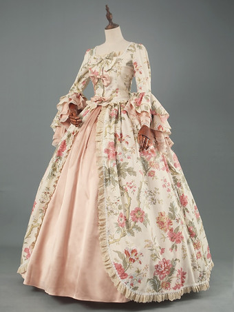 ビクトリア朝のロココ衣装花柄レースフリルポリエステルマリーアントワネットドレス