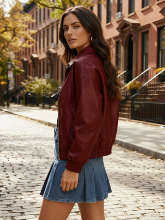 Vintage Oversized Bomberjacke aus Kunstleder mit elastischem Saum für Damen 2026