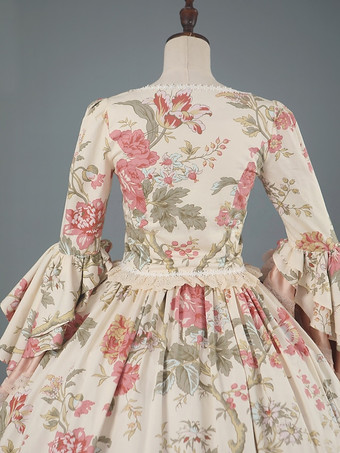 ビクトリア朝のロココ衣装花柄レースフリルポリエステルマリーアントワネットドレス