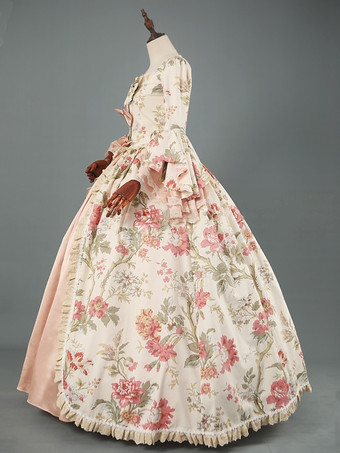 ビクトリア朝のロココ衣装花柄レースフリルポリエステルマリーアントワネットドレス