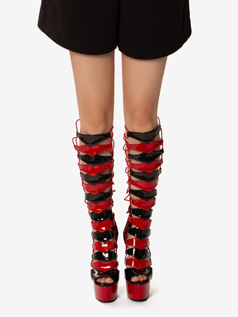 セクシーなハイヒールブーツ ユニセックス プラットフォーム オープントゥ レースアップ サンダルブーツ