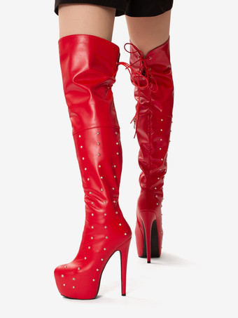 レディースセクシーブーツ プラットフォーム オープントゥ ビーズハイヒール オーバーニーブーツ